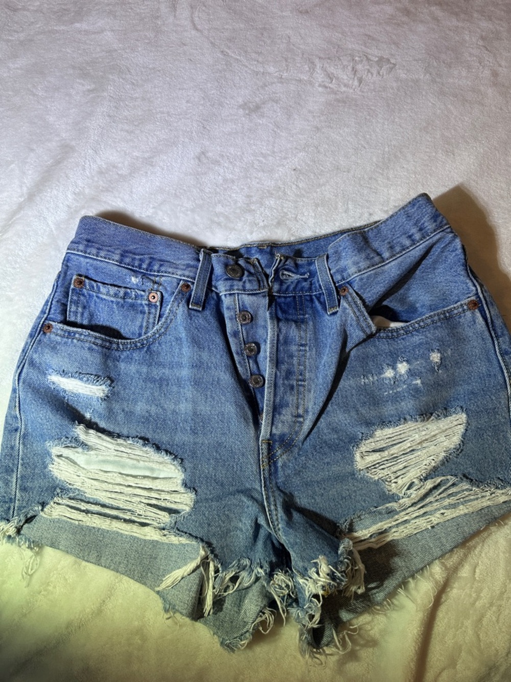 Levi's Blue High-Waist Distressed Button-Fly Denim Shorts